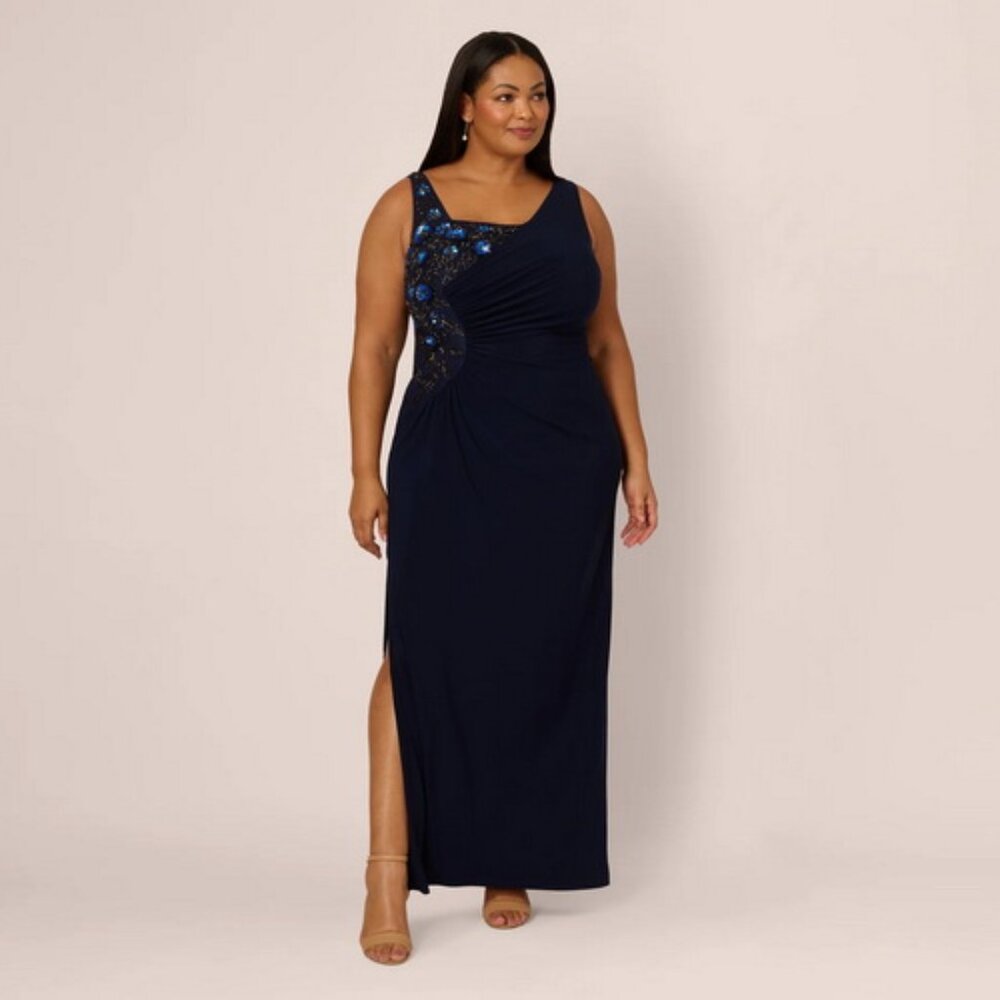 Adrianna Papell Midnight Blue Sleeveless Floral Beaded Gow